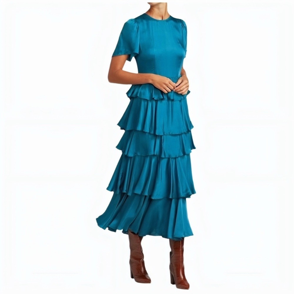 RHODE Lagoon Blue Tiered Ruffle Midi Dress Wedding Guest XS